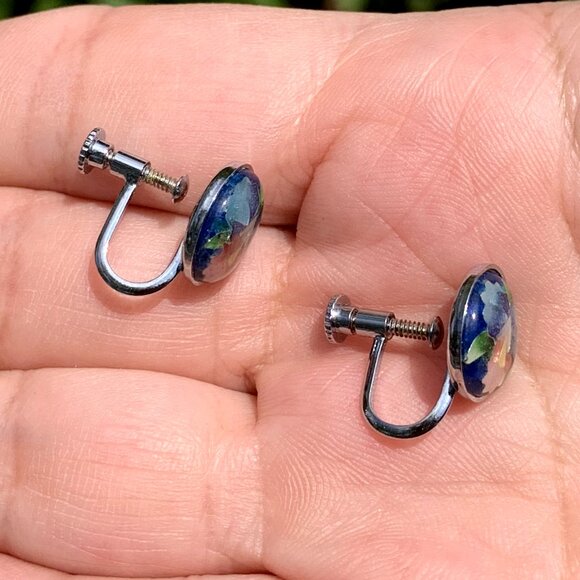 Vtg Asian Lily Floral Cloisonne Necklace and Screw Back Earring Set - Picture 7 of 13